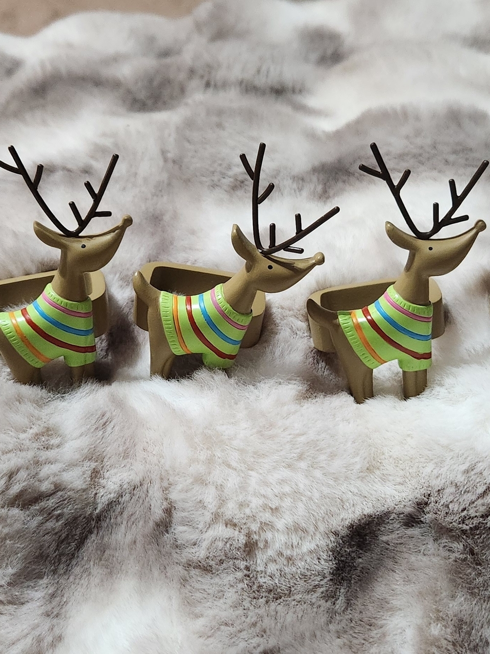 6 Festive Green Stripe Reindeer Napkin Rings - Holiday Table Decor